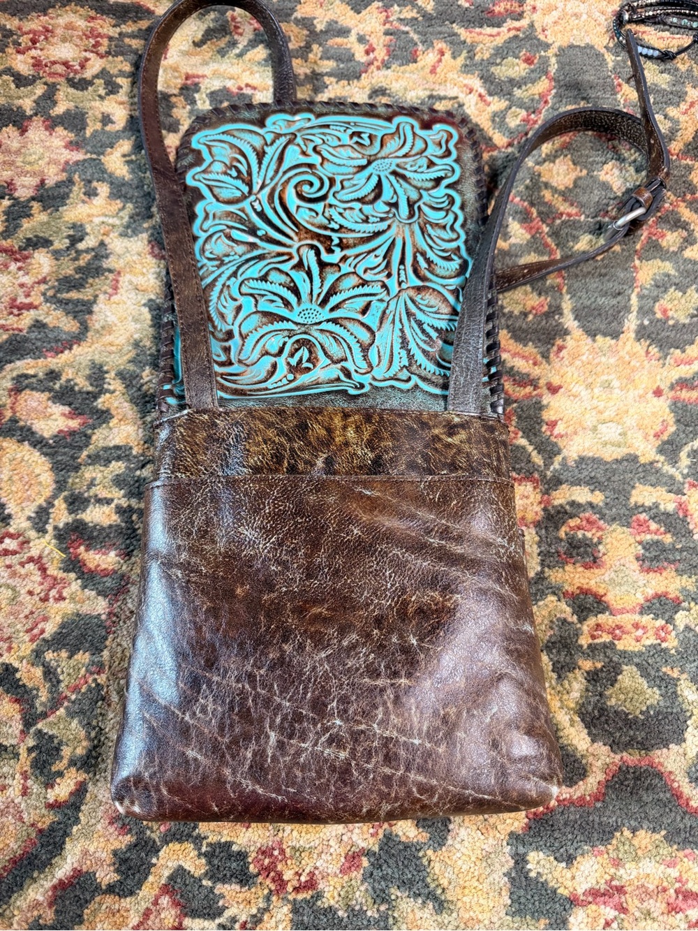 Hand-Tooled Floral Leather Patricia Nash Crossbody Bag in Turquoise and Brown - Picture 4 of 5